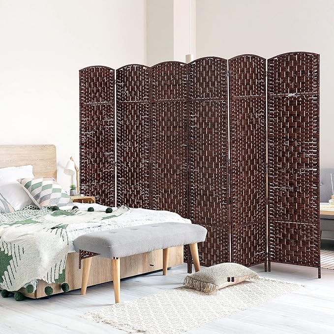 HOMCOM Room Divider 6 Panel, 6FT Tall Folding Privacy Screen, Freestanding Hand-Woven Partition for Room Separation with 360° Hinges, Paper Rope Diamond Weave, Brown