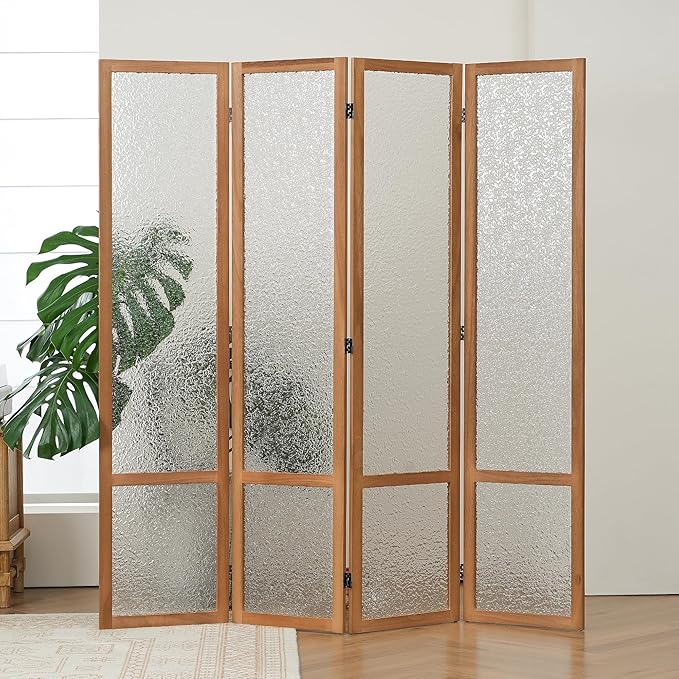 JOSTYLE Acrylic Room Divider, Frosted Glass Like Partition Privacy Screen, 4-Panel Contemporary Translucent Wall Divider for Bedroom&Office, Brown Wood Frame, 67" H x 64" W