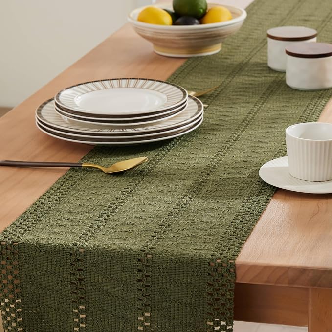 ZeeMart Macrame Style Boho Table Runner, Moss Green Table Runners 48 Inches Long, Farmhouse Woven Home Decor, 12x48 Inch, Moss