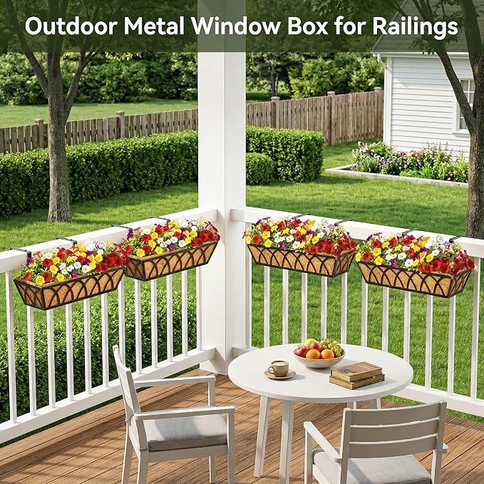 24 Inch Railing Planter Box with Coco Liner, Adjustable Metal Window Box, Hanging Flower Planter Outdoor, for Balcony Deck Fence Garden, Black, Set of 2
