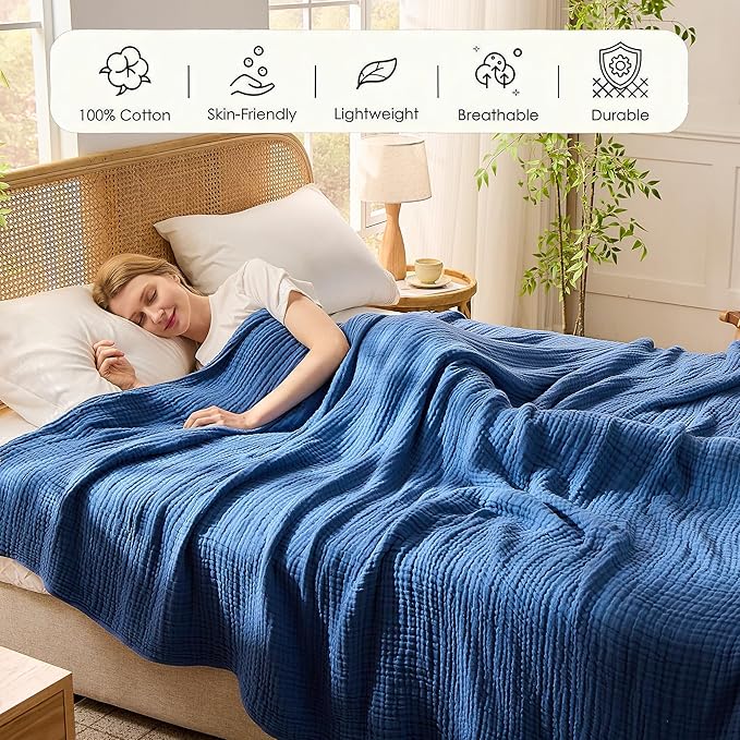 VANJOROY 9-Layer Muslin Throw Blanket Queen 90" x 90" Blue, 100% Cotton Organic Breathable Lightweight Large Throw for Couch Bed Quilt and Bedspread - All Season Muslin Soft Gauze Blanket