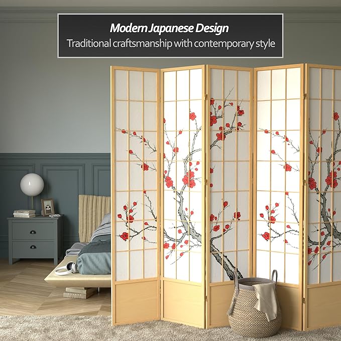 Oriental Furniture 7 ft. Tall Cherry Blossom Shoji Screen - Natural - 6 Panels