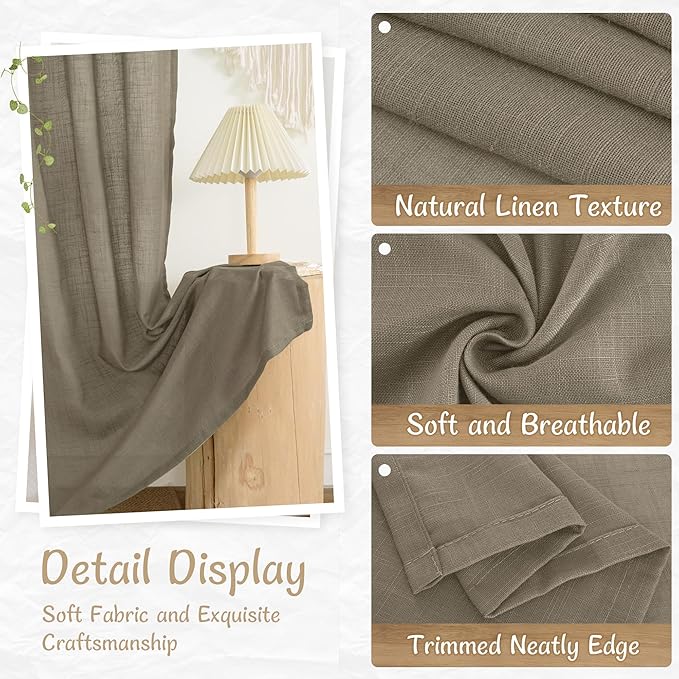 LAMIT Taupe Sheer Linen Curtains 48 Inch Length, Light Filtering Short Kitchen Window Drapes Back Tab and Rod Pocket Neutral Farmhouse Panels for Bedroom/Cafe, 2 Panels, 34 x 48 Inch