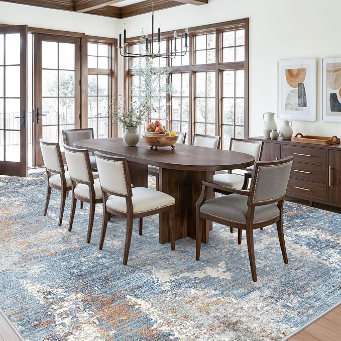 Washable Area Rug 9x12 Living Room – Neutral Modern Abstract Large Carpet for Bedroom Dining Room Office – Soft Non-Slip Low-Pile Thin Stain-Resistant Indoor Rugs （Blue Rust,9x12）