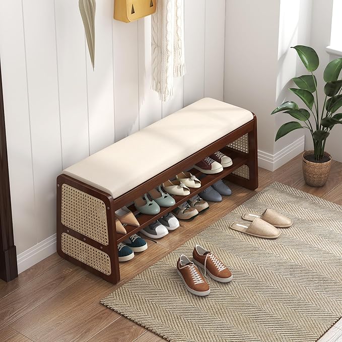 Shoe Storage Bench with Cushion - 2 Tier Shoe Rack for Front Door Entrance, Rattan Shoe Rack, Entryway Bench with Storage for Closet,Hallway,Bedroom&Living Room(Walnut, 39.4" W)