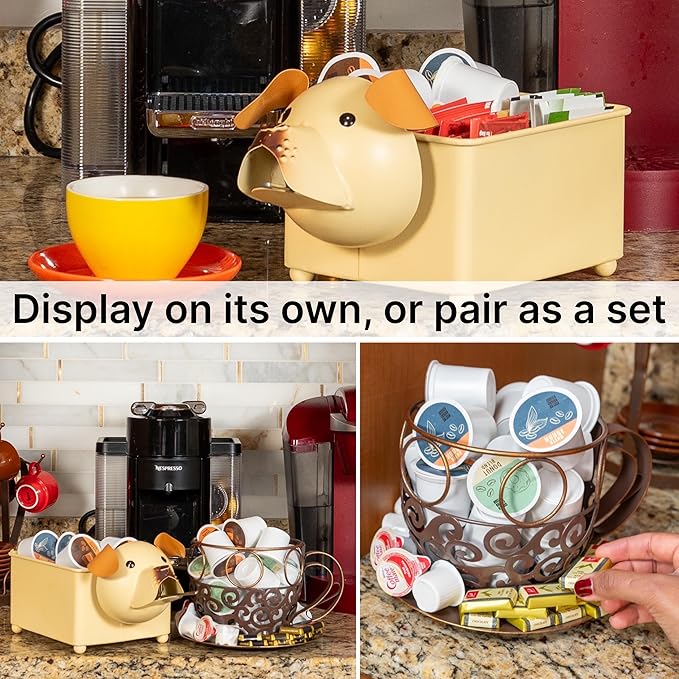 Made Easy Kit Coffee Pod Basket Organizer Practical Decoration - Compatible with Keurig K-Cup Pods & Capsules - Home Cafe Bar Decor Useful Kitchen Countertop Freestanding (Dog Brown Square)