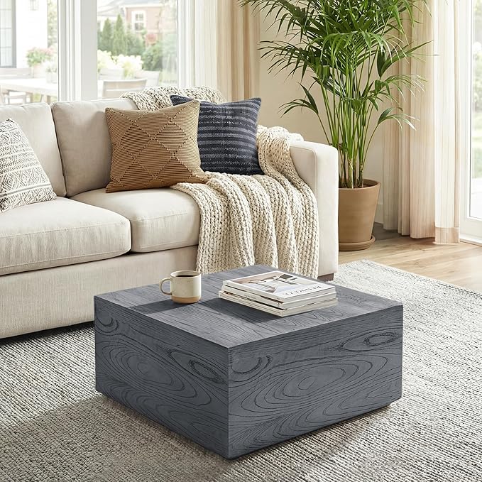UPHA 28" Square Outdoor Coffee Table, Modern Hollow Concrete Patio Table, Small Minimalist Low Accent Table for Living Room, Balcony, Deck, Backyard, Gray Wood Finish