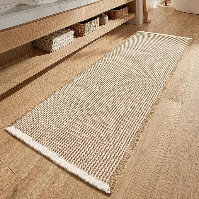 MIULEE Waffle Bathroom Runner Rugs, Super Absorbent Non Slip Bath Rug, Upgraded Soft Quick Dry Washable Boho Long Beige Bath Mat with Tassels for Hallway Laundry Room Bedroom, 17"x48", Brown & White