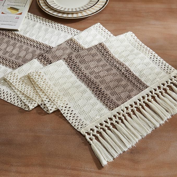 ZeeMart Macrame Style Bicolor Stitching Table Runner, 14 x 72 Inch Cocoa Brown/Ivory, Boho Brown Table Runners 72 Inches Long, Farmhouse Woven Home Decor