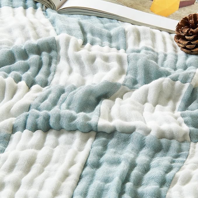EMME Cooling Muslin Queen Blanket for Bed - Checkered Lightweight Summer Cotton Blankets of Rayon Derived from Bamboo for Hot Sleepers, Ultra Soft Breathable Gauze
