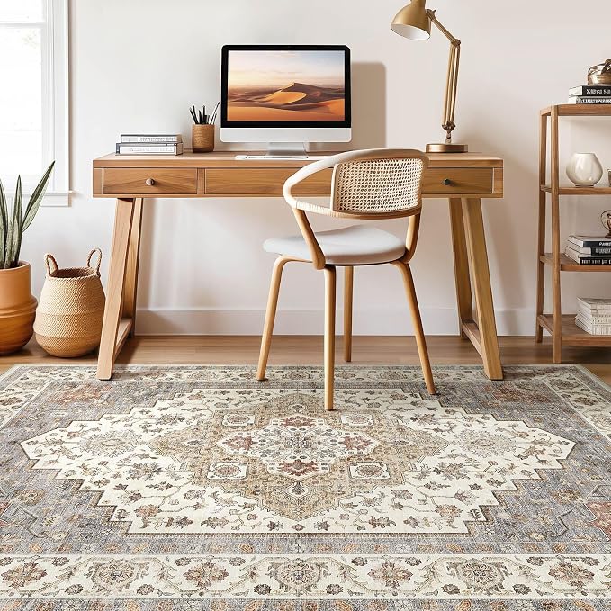 8x10 Area Rugs Living Room: Washable Boho Large Neutral Vintage Soft Rug Stain Resistant Farmhouse Non-Slip Indoor Floor Carpet for Bedroom Nursery Kids Playroom Office Dining Room- Orange Beige
