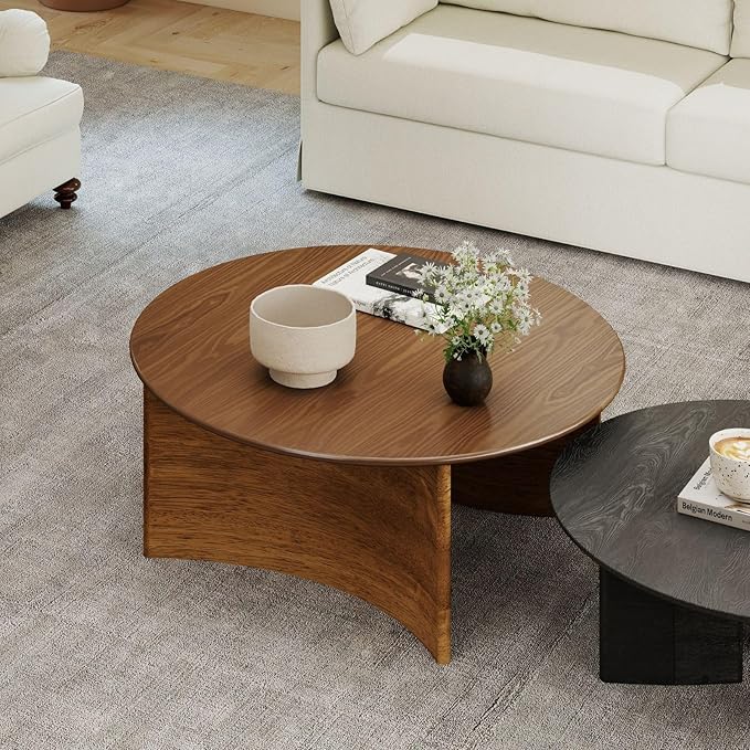 ROCITY 31.5″ Round Coffee Table, Walnut Circle Coffee Table with Curved Base, Solid Wood, Ideal for Living Room, Apartment, Compact Place