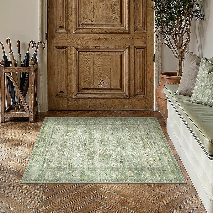 HUGEAR 2x3 Small Rug Machine Washable Area Rug Light Green Entryway Rugs Entrance Door Mat Indoor Accent Rugs Floral Low Pile Carpet Distressed Throw Rug Kitchen Bedroom Office Non Slip