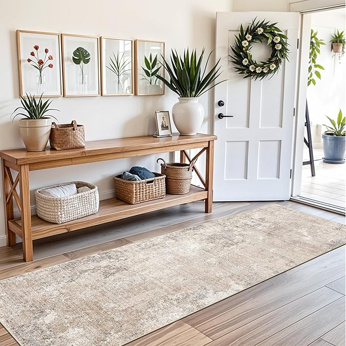 2x8 Washable Hallway Runner Rug – Non-Slip Modern Abstract Neutral Low-Pile Stain-Resistant Carpet Runner for Kitchen Entryway Bedroom Bathroom (Beige Grey,2x8)
