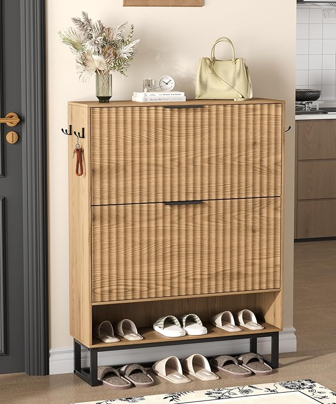 Akxomel 31.5" W Fluted Shoe Storage Cabinet, Narrow Hidden Shoe Rack Cabinet with Metal Legs, Narrow Shoe Organizer, 2 Flip Drawers, for Entryway, Hallway, Living Room, Natural Oak