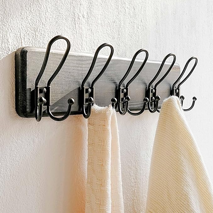Dseap Coat Rack Wall Mounted - Heavy Duty Farmhouse Rustic Wall Coat Hanger with 5 Wire Hooks for Clothes Hat Jacket Towel, RusticWire, J1-5A, Black
