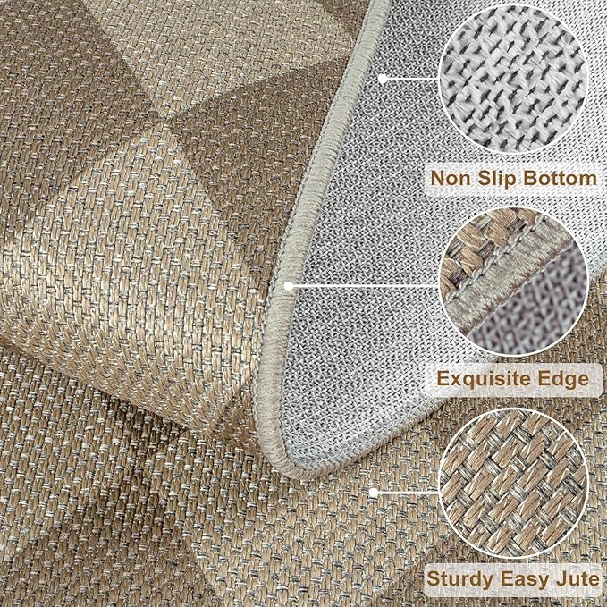 Rugalia Easy Jute Checkered Entryway Rug, 2.6x4 Brown Modern Indoor Outdoor Doormat, Washable Non-Slip Neutral Kitchen Rug Farmhouse Diamond Throw Rugs for Entrance Bedroom Bathroom
