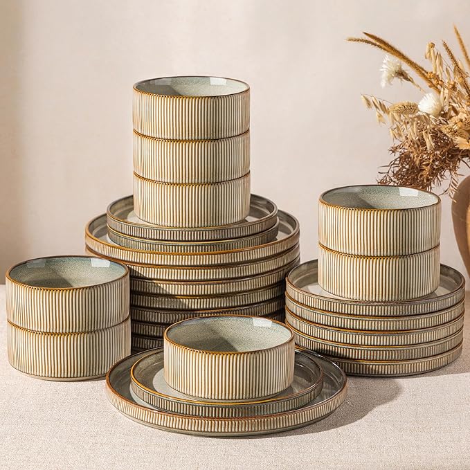 GBHOME 24-Piece Stoneware Dinnerware Set for 8 – Ribbed Ceramic Plates and Bowls, Scratch-Resistant, Microwave & Dishwasher Safe, Reactive Glaze, Celadon Mist