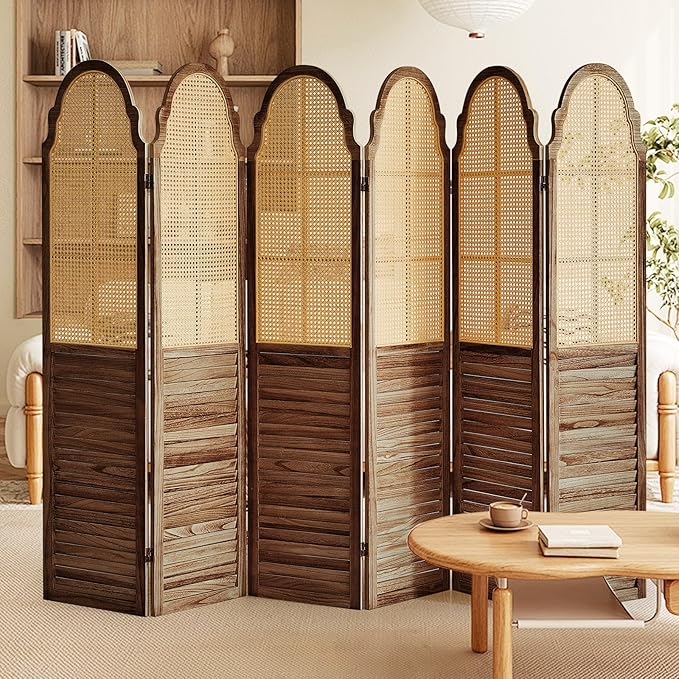 Wood Room Divider 6 Panel, Folding Privacy Screen, Rattan Room Divider Wall, Foldable Wood Divider Panel, Separate Portable Partition Screen Divider for Room Separation Bedroom Garden (Brown)