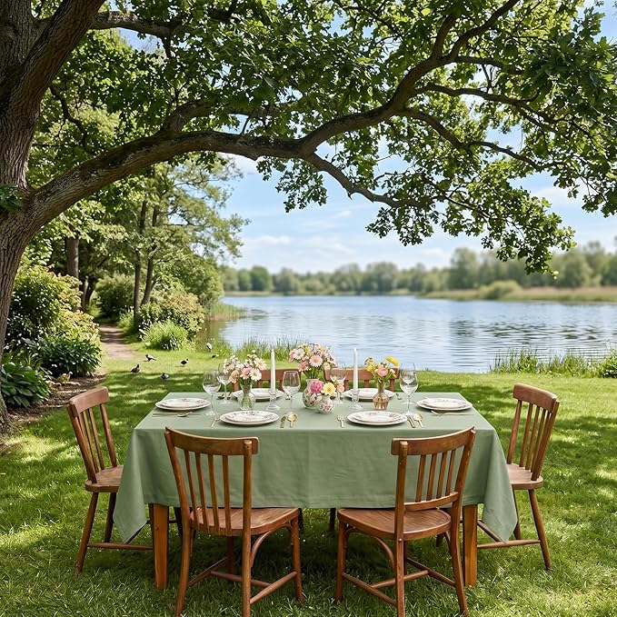 Solino Home Linen Tablecloth 60 x 120 Inch - 100% Pure Linen Oil Green Table Cloth for Rectangle Tables - Fete, Machine Washable Tablecloth for Summer