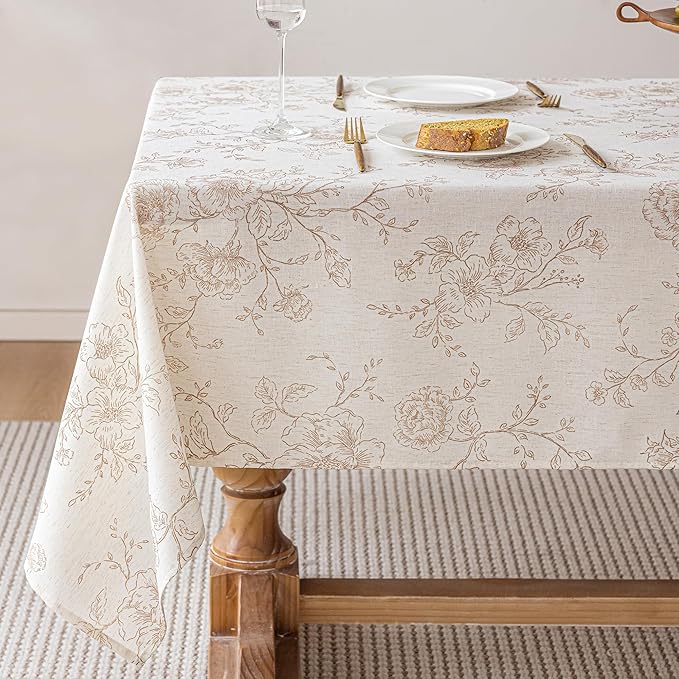 Floral Linen Square Tablecloth 55 x 55 inch Wrinkle Resistant Vintage Farmhouse Tablecloth Brown Pattern Printed on Cream Table Cloth Square Table Cottage Burlap Fabric Table Cover Home Decor Holiday