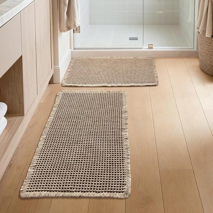 Bathroom Rugs Sets 2 Piece - Waffle Bath Mat Non Slip, Washable Bathroom Mats Absorbent Soft Boho Decor, Quick Dry Shower Mats, 2 Pack 18x30 Inch, Khaki