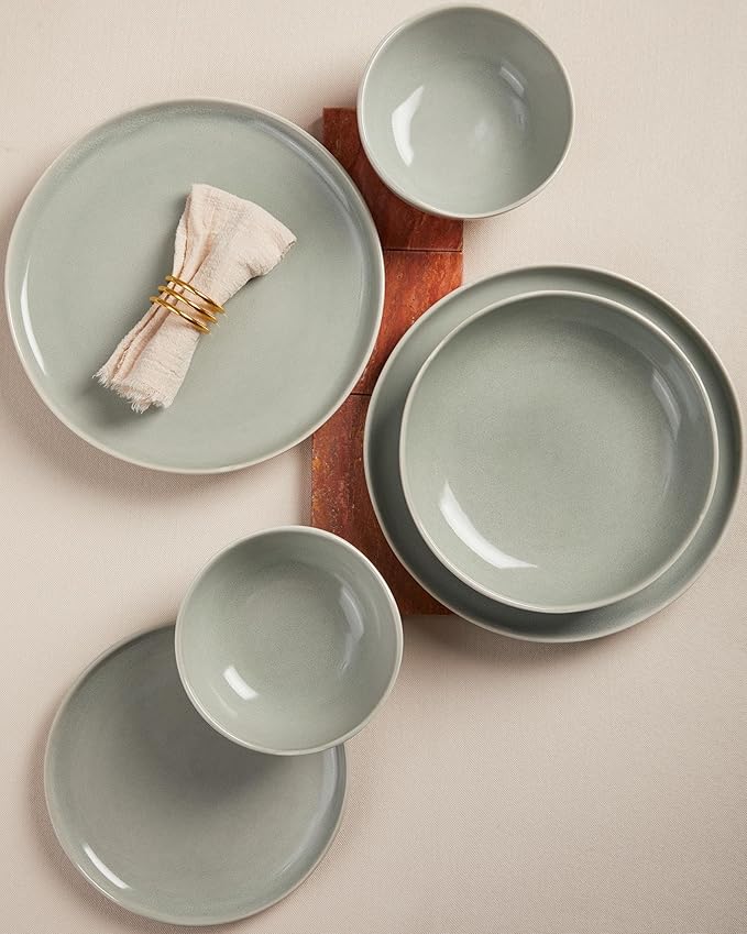 Pokini Ceramic Plates and Bowls Set, Everyday Dinnerware Set for 4, Wavy Rim Kitchen Dish Set, Chip Resistant Dishware Sets, Dishwasher Safe Dinner Set, Designed for Simple Meals, Gray Green