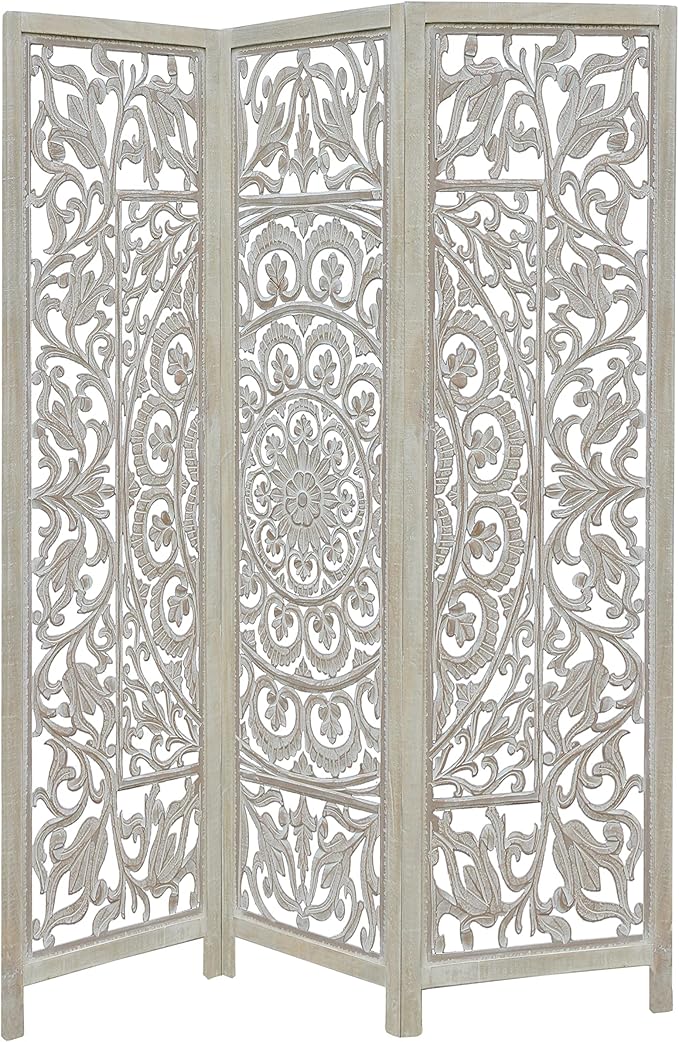 Room Divider Wood Floor Screen - Suzani White Wash 3 Folding Panel 60x72 - Hand Carved Portable Reversible Functional Decorative Screen - Freestanding Boho Small Spaces Privacy Partition -COTTON CRAFT
