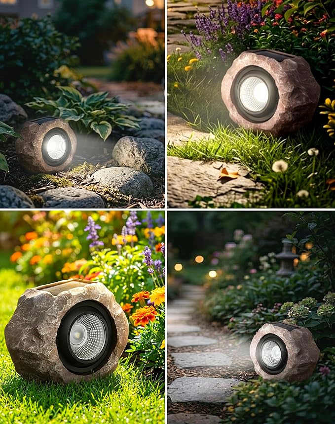 2 Pack Solar Rock Lights Outdoor, Angle Adjustable Solar Lights Outdoor Waterproof, LED Solar Garden Lights, Auto On/Off Landscape Lighting for Yard Pathway Patio Flower Bed - White Glow (Stone Brown)