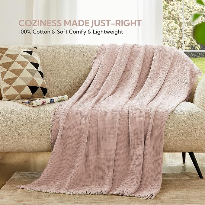 SOULFUL Muslin Throw Blanket with Tassels - Soft Queen Cotton Throw Blanket for Couch or Bed, Lightweight and Breathable Gauze for All Seasons, LightChampagne, 90" x 90"