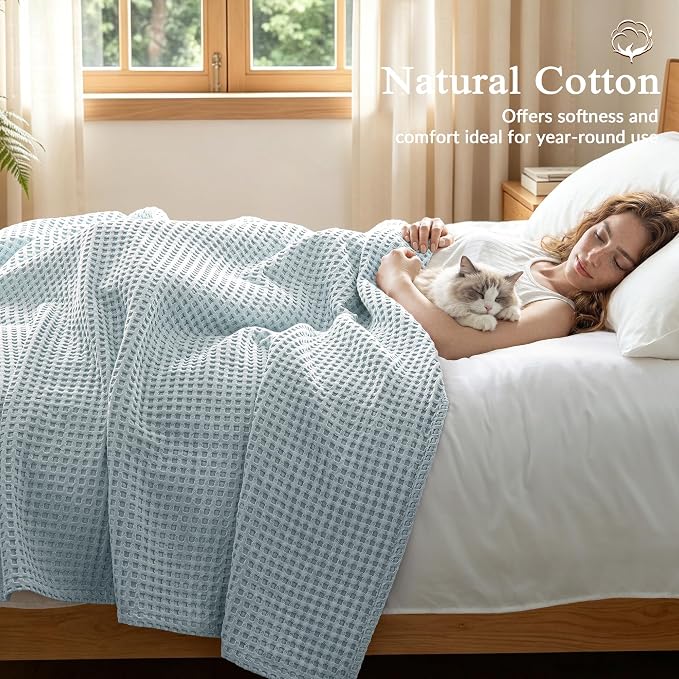 Exclusivo Mezcla Pre-Washed 100% Cotton Waffle Blanket Twin Size for Bed, 330GSM Lightweight Breathable Summer Blankets, Soft and Cozy, Home Decor, Ice Blue, 60x80 Inches