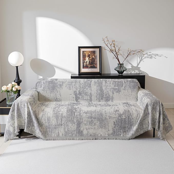 MEETSKY Couch Cover Boho Sofa Covers Couch Covers for 3 Cushion Couch Sofa Pet Friendly, Abstract Geometric Washable Sofa Slipcover for Sectional Sofa Cover with Tassel, 91" x 134", Light Grey
