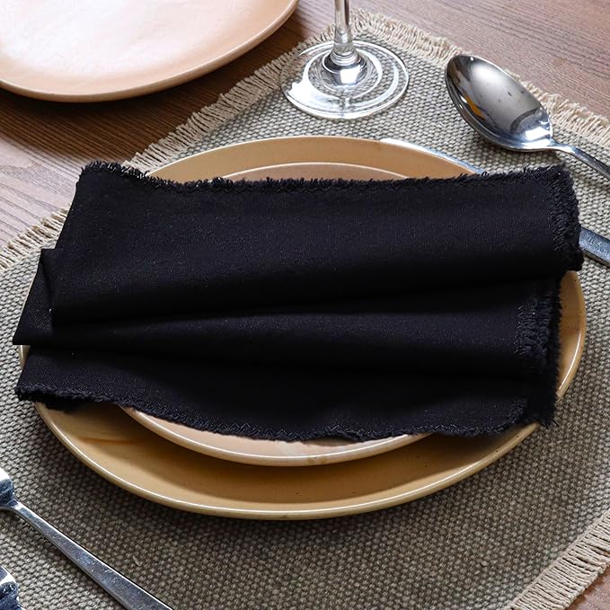 Palisa Premium Cotton Dinner Napkins Set of 12 | Black Frayed Edge Rustic Farmhouse Table Linen | Soft Washable Long Lasting Durable Cloth Serviettes for Wedding Dining Decor 18x18 Inch