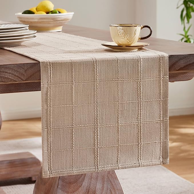 ZeeMart Linen Checked Farmhouse Table Runner, 13x60 Inches Taupe | Raised Grid Design, Rich Woven Texture, Linen Blend Table Runners 60 Inches Long, Machine Washable, Boho Home Kitchen Decor
