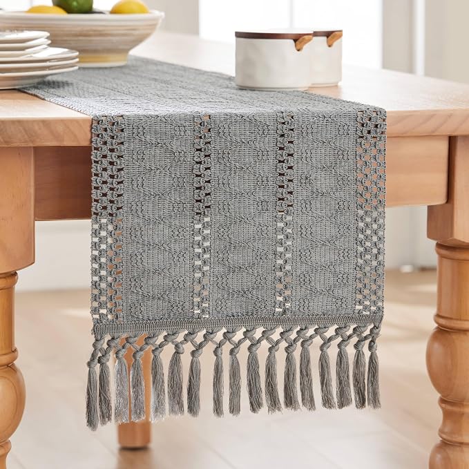 ZeeMart Macrame Style Boho Table Runner, Grey Table Runners 72 Inches Long, Farmhouse Woven Home Decor, 12x72 Inch, Grey