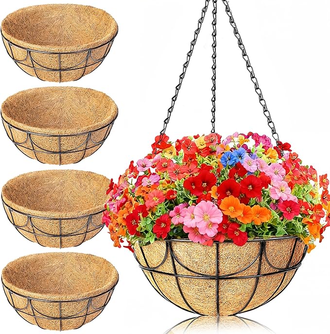 12 Inch 4 Pack Hanging Baskets Planters for Outdoor Plants - Wire Hanging Baskets Plant for Plants Outdoor with Coco Liners Minimalist Metal Hanging Pots for Outside Garden Patio Porch Decor