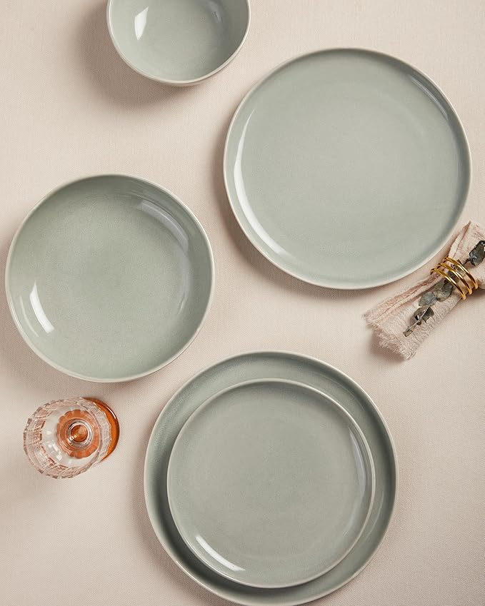 Pokini Ceramic Plates and Bowls Set, Everyday Dinnerware Set for 4, Wavy Rim Kitchen Dish Set, Chip Resistant Dishware Sets, Dishwasher Safe Dinner Set, Designed for Simple Meals, Gray Green