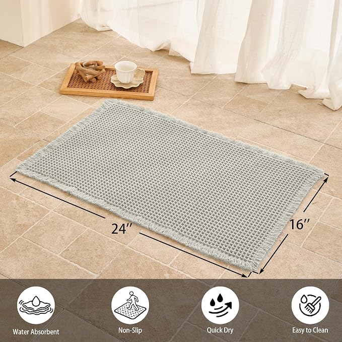 Waffle Bath Mat Non Slip, Boho Bathroom Rug, Super Absorbent Quick Dry Bathroom Mat, Soft Farmhouse Bath Rug with Tassels, Small Washable Shower Mats for Floor 16"x24", Light Grey