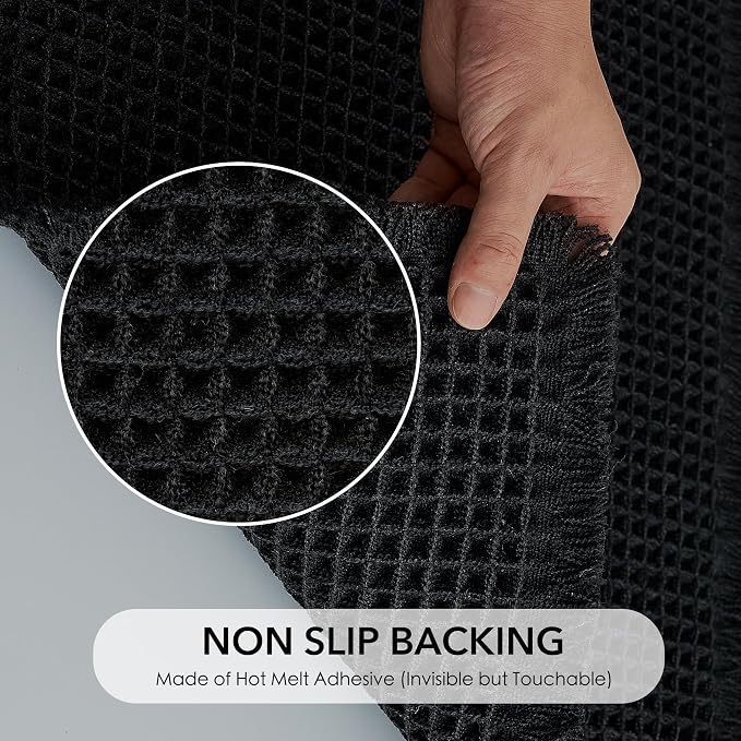 KGORGE Non Slip Black Waffle Bath Mat, Super Absorbent Quick Dry Soft Washable Small Bathroom Rugs with Tassels for Bathroom Floor Shower Tub Hotel Kitchen Entryway, 18" W x 30" L, 1 Piece