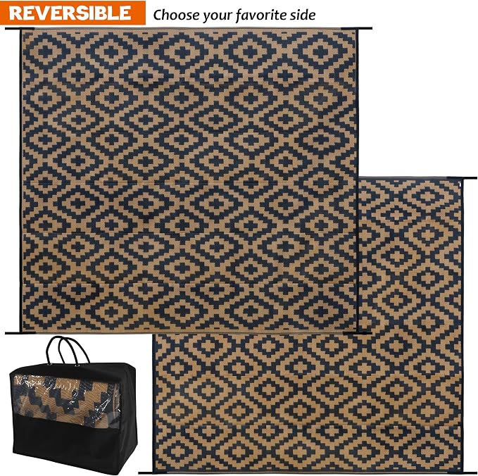 SAND MINE Reversible Mats, Plastic Straw Rug, Modern Area Rug, Large Floor Mat and Rug for Outdoors, RV, Patio, Backyard, Deck, Picnic, Beach, Trailer, Camping, Black & Brown, 8' x 8'
