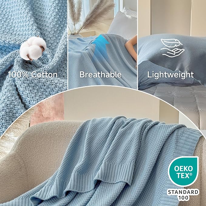 Simple&Opulence 100% Cotton Blanket Queen Size, Solid Color Cable Knitted Blanket Super Soft Comfortable Breathable Decorative Farmhouse for Couch Sofa Bed, All Season Use(Winter Blue,90x90)