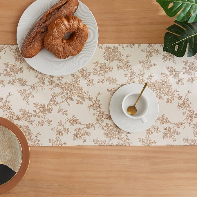 100% Cotton French Pastoral Table Runners, 13x48 Inch Brown Farmhouse Table Runners 48 Inches Long, Vintage Flowers Print Home Decors
