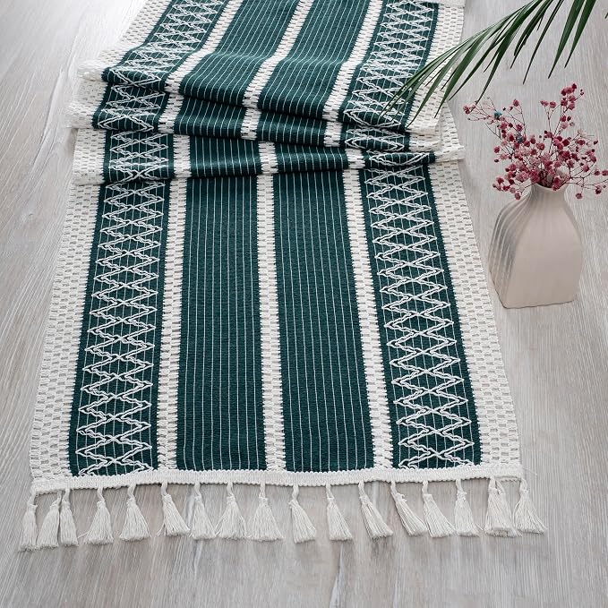 Boho Table Runner for Spring Home Decor (14x72 Inches) Long Farmhouse Rustic Table Runner, Macrame Runner with Tassels for Dining Living Room Bedroom Bridal Shower (Cream & Emerald Green) 72"