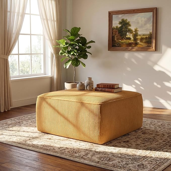 Christopher Knight Home Kyle Corduroy Woven Upholstery Square Ottoman, Living Room Sofa Ottoman with Wood Frame, Comfy Seating Experience with Dense Foam Padding, Non-Marking Foot Caps, Yellow