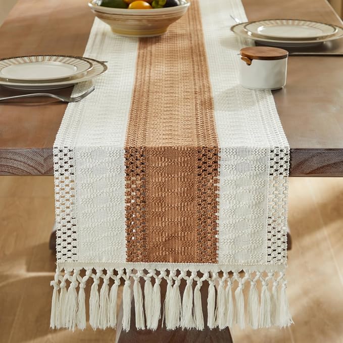 ZeeMart Macrame Style Bicolor Stitching Table Runner, 14 x 72 Inch Caramel/Ivory, Boho Caramel Table Runners 72 Inches Long, Farmhouse Woven Home Decor