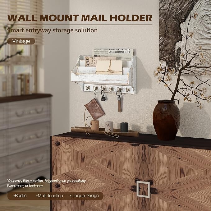 Rebee Vision Pine Wood Key Holder Wall Mount - Farmhouse 3-Tire Mail Holder for Wall with 6 Key Hooks for Home Decor- Multifunctional File Organizer for Entreyway, Living Room (Whitewash)