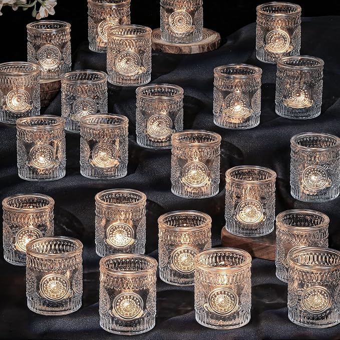 DARJEN Clear Votive Candle Holders Set of 24- Glass Candle Holders Bulk for Tea Light Candle, Embossed Candle Votives for Wedding Centerpiece, Living Room & Home Table Decor