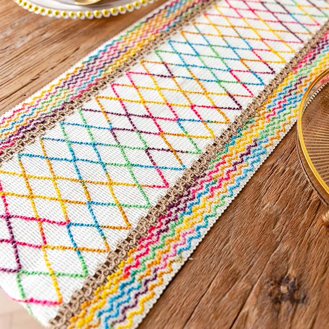 EMMTEEY Macrame Table Runner Boho Style - Scratch & Heat Resistant, Hexagonal Grid Cotton Linen Table Runner with Tassels for Home Decor/Bedroom (12"X108", Colorful)