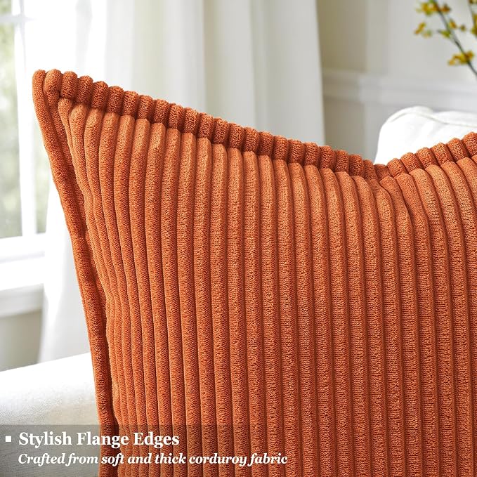 decorUhome Summer Corduroy Rust Euro Sham Throw Pillow Covers 22x22 Set of 2 Decorative Soft Boho Farmhouse Couch Pillow Covers for Living Room Bed Sofa Broadside Striped Pillow Cases