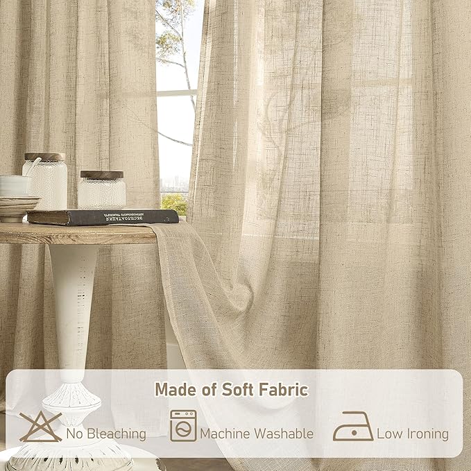 LAMIT Brown Linen Curtains for Bedroom, 72 Inch Length Light Filtering Semi Sheer Panels Back Tab and Rod Pocket Neutral Drapes for Living Room, 2 Panels, 34 x 72 Inch